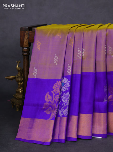 Pure uppada silk saree dual shade of green and blue with silver & gold zari woven buttas and zari woven border