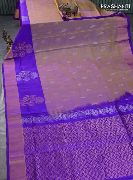 Pure uppada silk saree dual shade of green and blue with silver & gold zari woven buttas and zari woven border