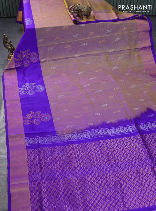 Pure uppada silk saree dual shade of green and blue with silver & gold zari woven buttas and zari woven border