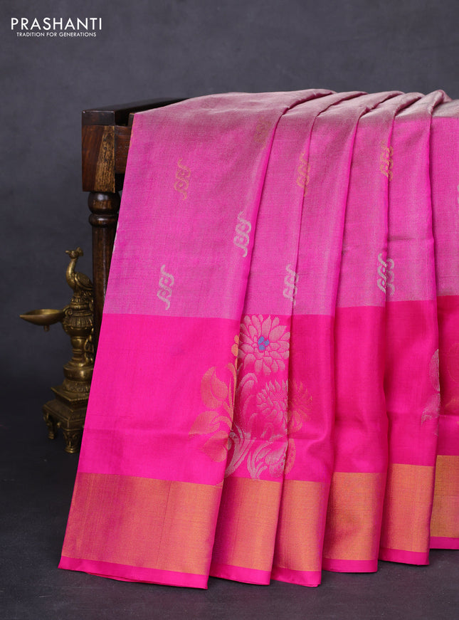 Pure uppada tissue silk saree pink with silver & gold zari woven buttas and zari woven border