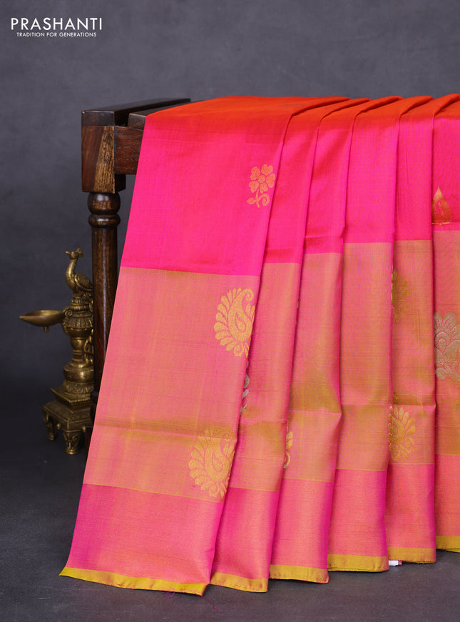 Pure uppada silk saree dual shade of pinkish orange and dual shade of yellow with silver & gold zari woven buttas and long zari woven butta border