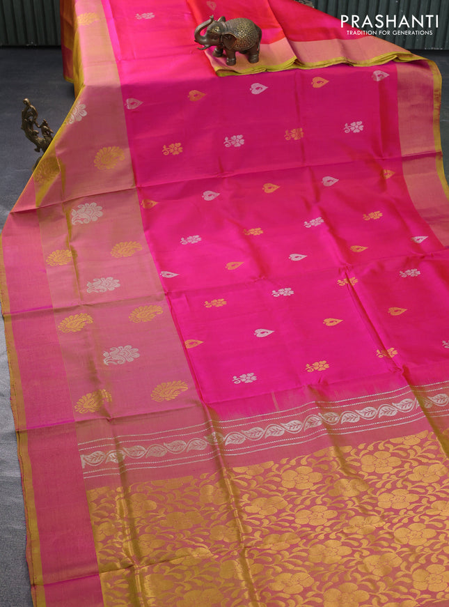 Pure uppada silk saree dual shade of pinkish orange and dual shade of yellow with silver & gold zari woven buttas and long zari woven butta border