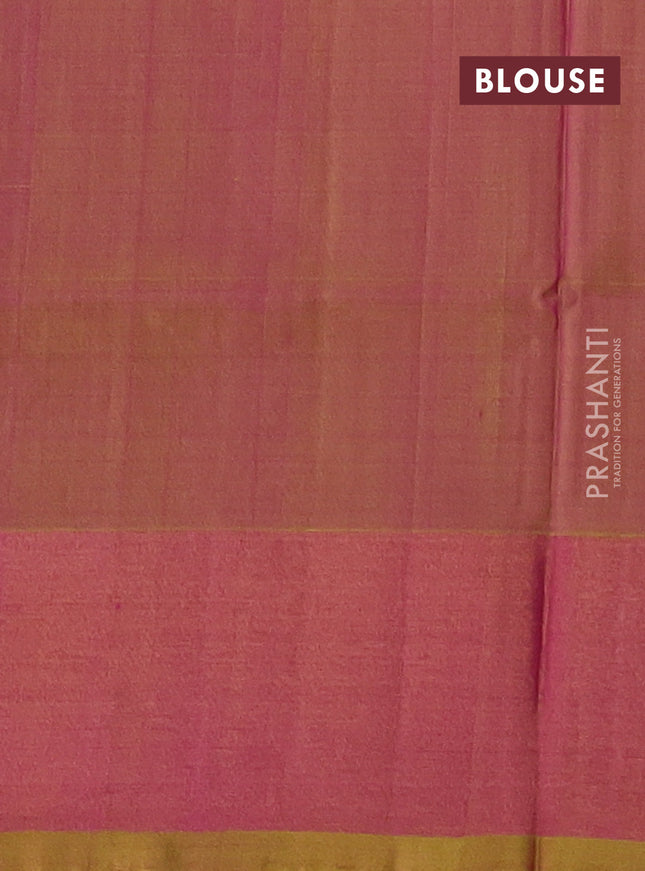 Pure uppada silk saree dual shade of pinkish orange and dual shade of yellow with silver & gold zari woven buttas and long zari woven butta border