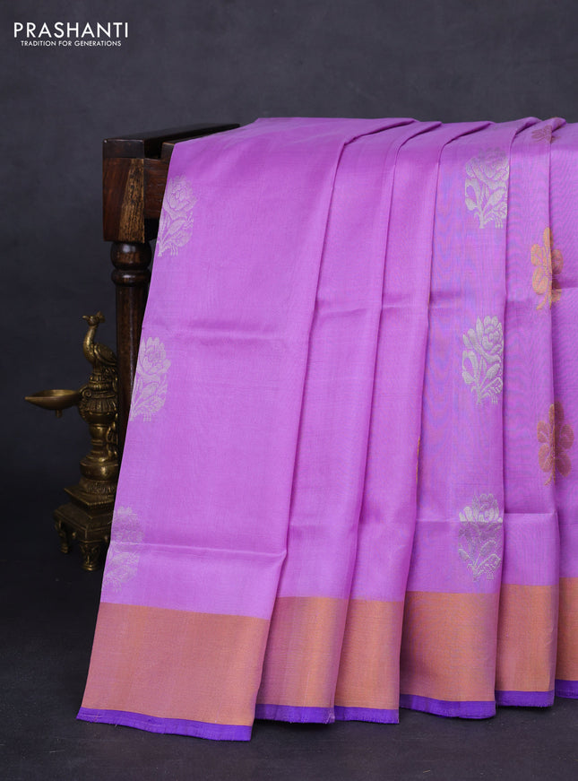 Pure uppada silk saree lavender and blue with silver & gold zari woven buttas and zari woven border