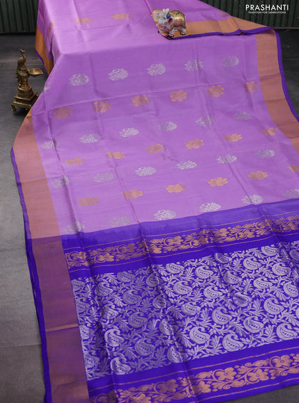 Pure uppada silk saree lavender and blue with silver & gold zari woven buttas and zari woven border