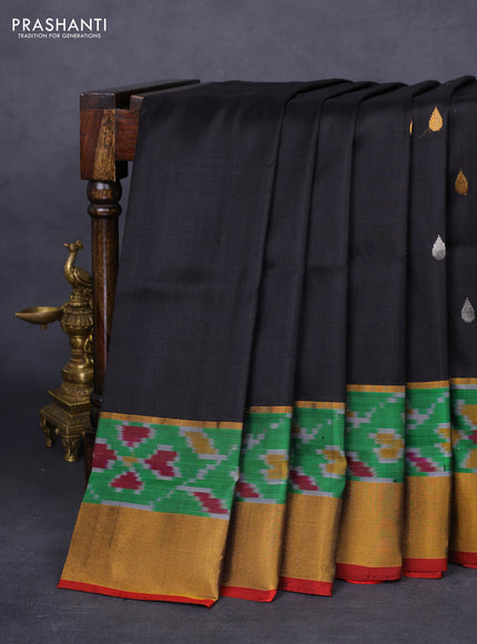 Pure uppada silk saree black and maroon with silver & gold zari woven buttas and ikat style zari woven border