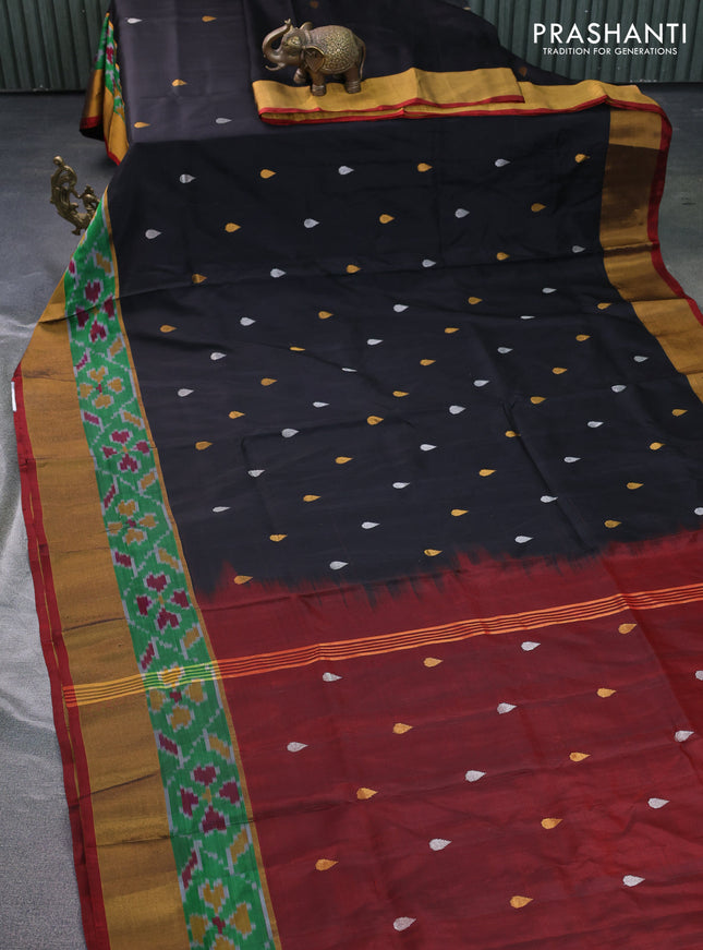 Pure uppada silk saree black and maroon with silver & gold zari woven buttas and ikat style zari woven border