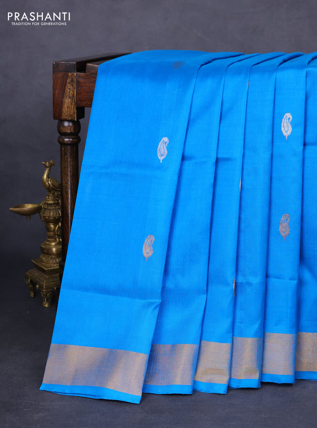 Pure uppada silk saree cs blue with silver & gold zari woven buttas and zari woven border