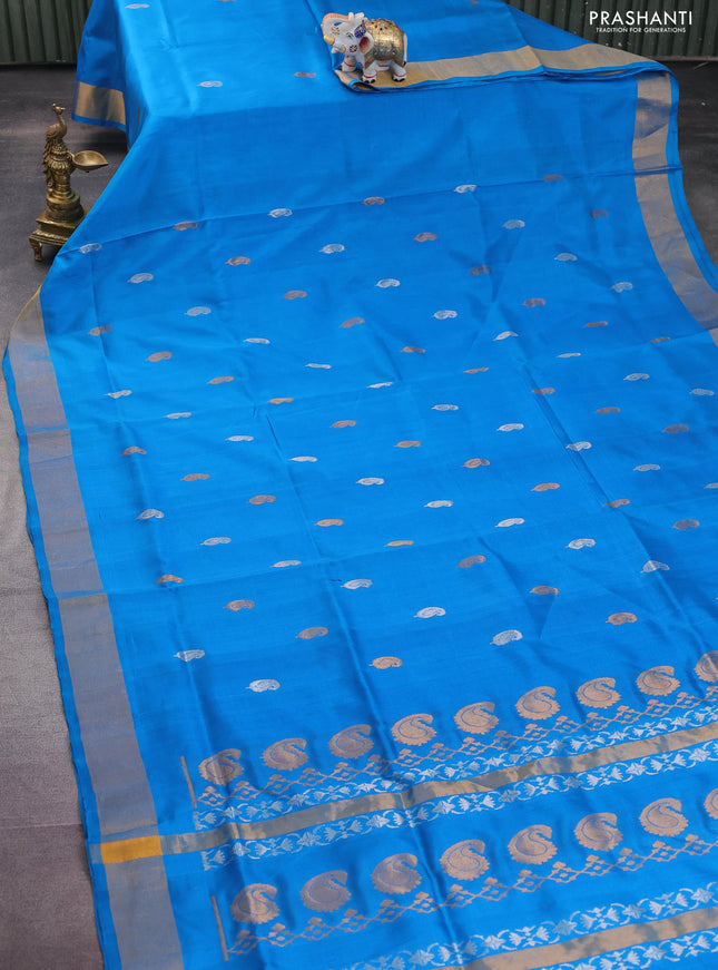 Pure uppada silk saree cs blue with silver & gold zari woven buttas and zari woven border