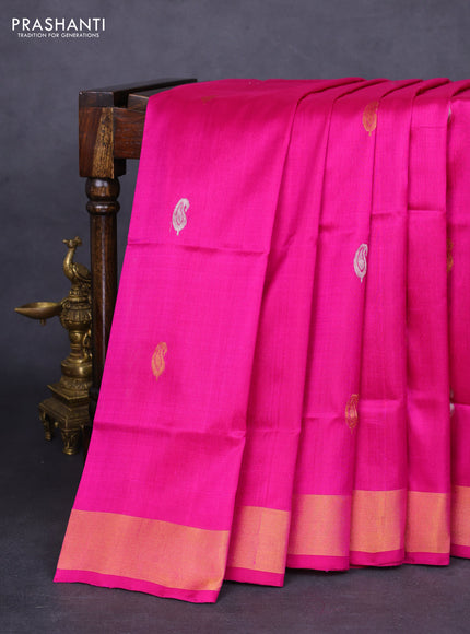 Pure uppada silk saree magenta pink with silver & gold zari woven buttas and zari woven border