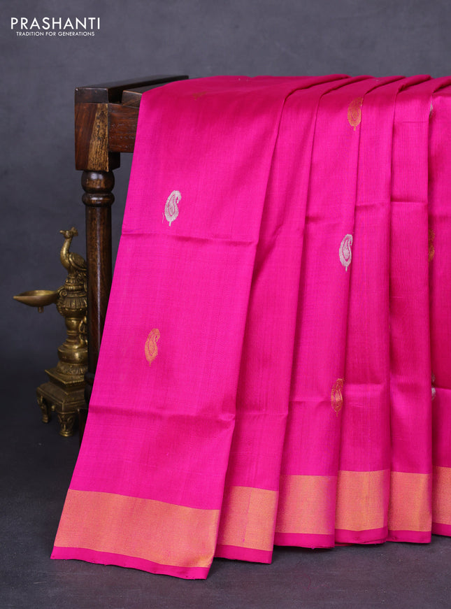 Pure uppada silk saree magenta pink with silver & gold zari woven buttas and zari woven border