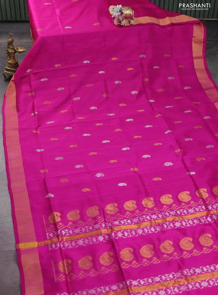 Pure uppada silk saree magenta pink with silver & gold zari woven buttas and zari woven border