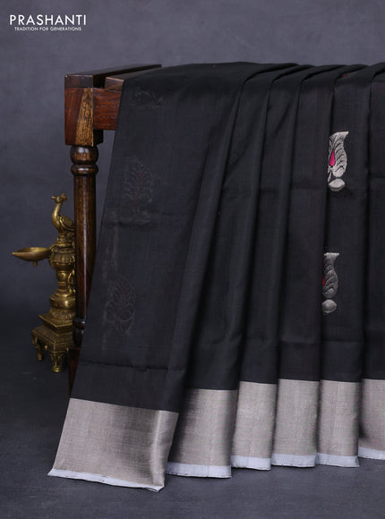 Pure uppada silk saree black and grey with silver zari woven buttas and silver zari woven border