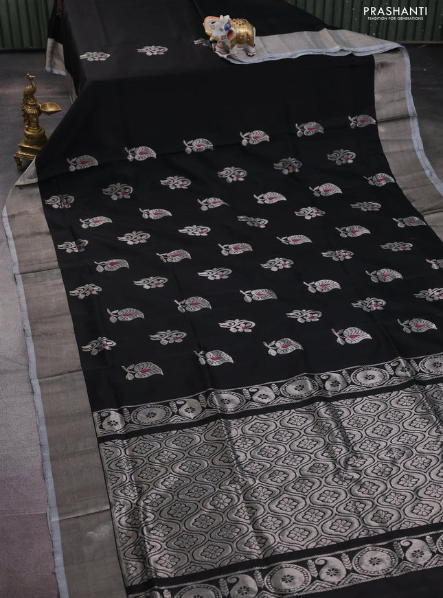 Pure uppada silk saree black and grey with silver zari woven buttas and silver zari woven border
