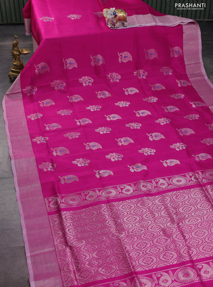 Pure uppada silk saree magenat pink with silver zari woven buttas and silver zari woven border