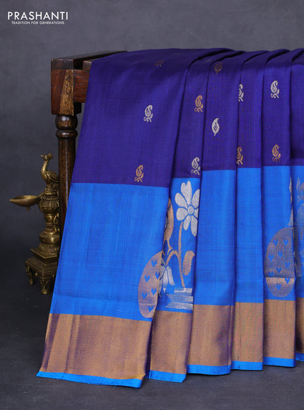 Pure uppada silk saree dark blue and cs blue with silver & gold zari woven buttas and peacock design zari woven border
