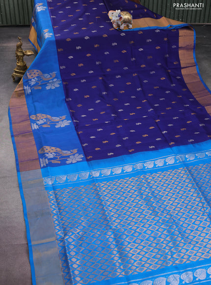 Pure uppada silk saree dark blue and cs blue with silver & gold zari woven buttas and peacock design zari woven border