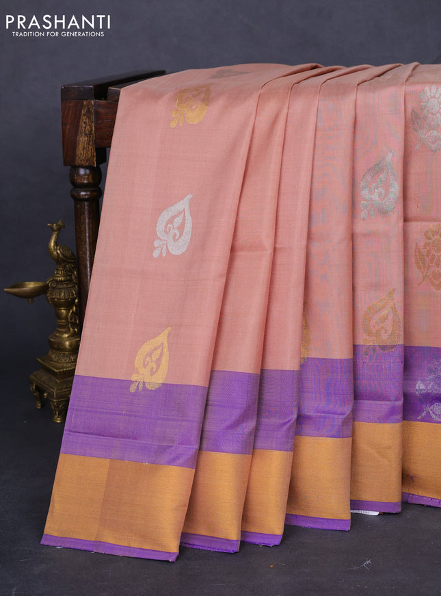 Pure uppada silk saree pastel brown and violet with silver & gold zari woven buttas and zari woven border