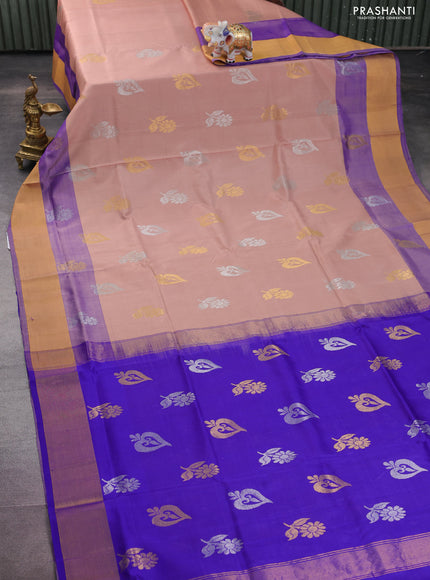Pure uppada silk saree pastel brown and violet with silver & gold zari woven buttas and zari woven border