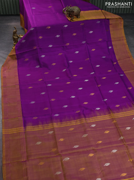 Pure uppada silk saree purple and mustard shade with silver & gold leaf zari buttas and rettapet zari woven border