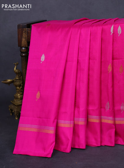 Pure uppada silk saree pink with silver & gold leaf zari buttas and zari woven simple border