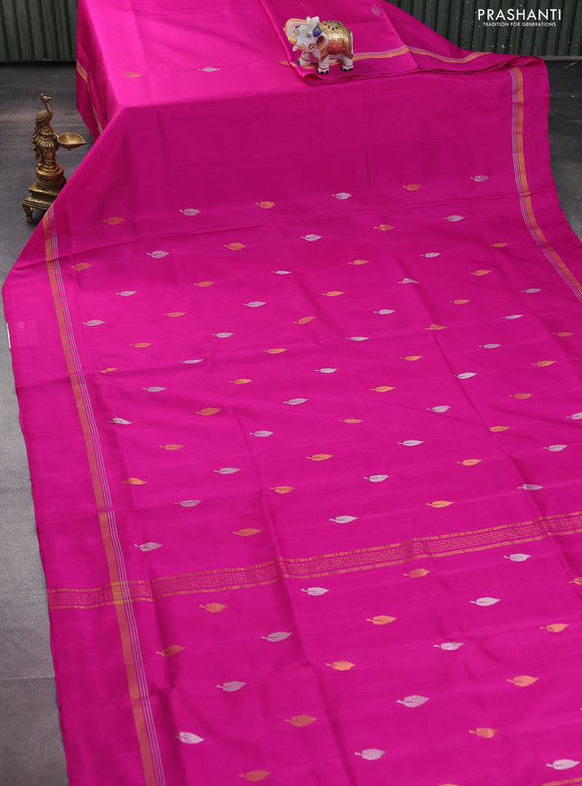 Pure uppada silk saree pink with silver & gold leaf zari buttas and zari woven simple border