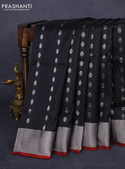 Pure uppada silk saree black and maroon with allover silver zari woven floral buttas and silver zari woven border