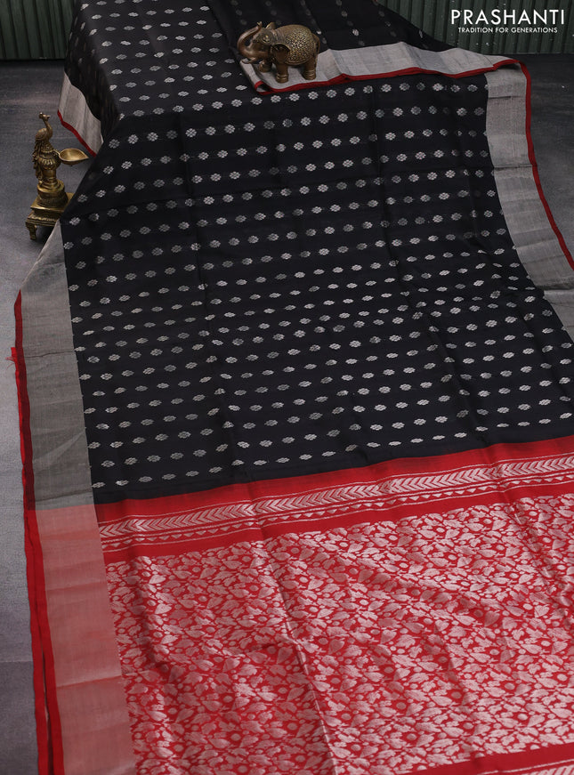 Pure uppada silk saree black and maroon with allover silver zari woven floral buttas and silver zari woven border