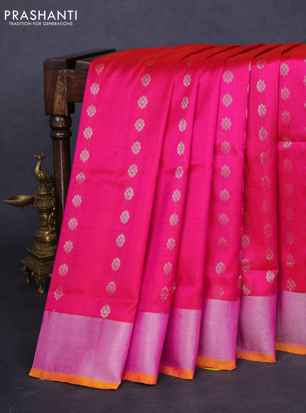 Pure uppada silk saree pink and mustard yellow with allover silver zari woven floral buttas and silver zari woven border