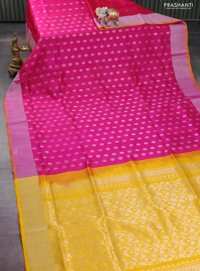 Pure uppada silk saree pink and mustard yellow with allover silver zari woven floral buttas and silver zari woven border