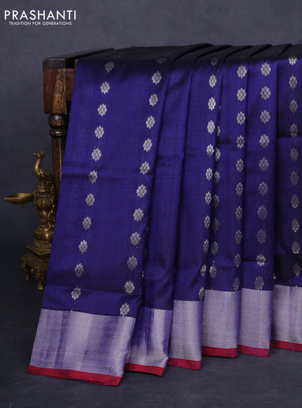 Pure uppada silk saree navy blue and red with allover silver zari woven floral buttas and silver zari woven border