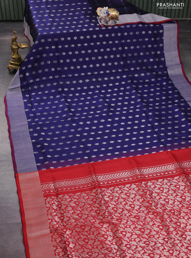 Pure uppada silk saree navy blue and red with allover silver zari woven floral buttas and silver zari woven border