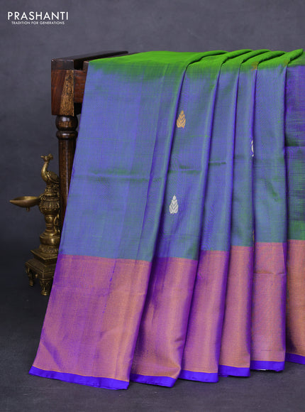 Pure uppada silk saree dual shade of greenish blue and blue with silver & gold zari woven buttas and long zari woven border