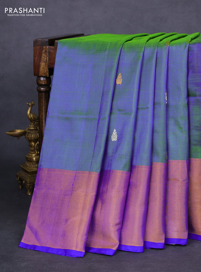 Pure uppada silk saree dual shade of greenish blue and blue with silver & gold zari woven buttas and long zari woven border