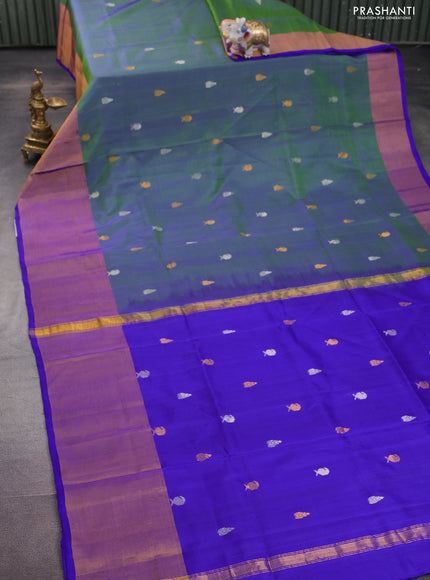 Pure uppada silk saree dual shade of greenish blue and blue with silver & gold zari woven buttas and long zari woven border