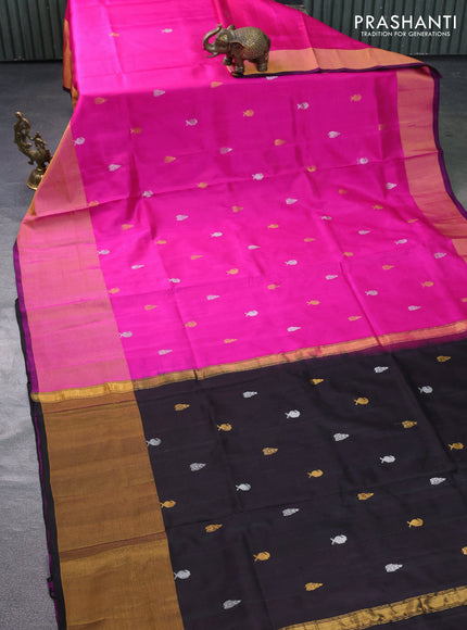 Pure uppada silk saree pink and black with silver & gold zari woven buttas and long zari woven border