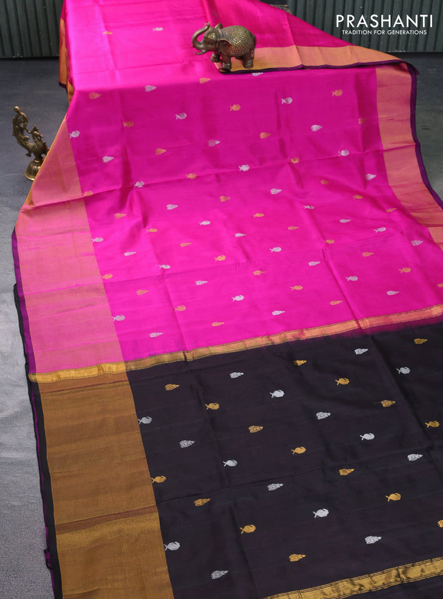 Pure uppada silk saree pink and black with silver & gold zari woven buttas and long zari woven border