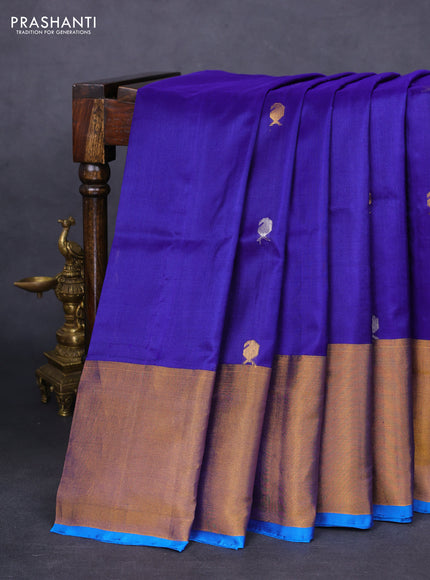 Pure uppada silk saree dark blue and cs blue with silver & gold zari woven buttas and long zari woven border
