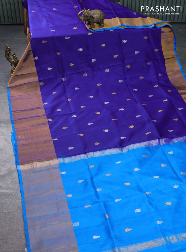 Pure uppada silk saree dark blue and cs blue with silver & gold zari woven buttas and long zari woven border