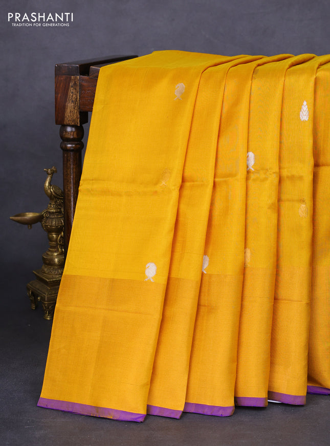 Pure uppada silk saree yellow and blue with silver & gold zari woven buttas and long zari woven border