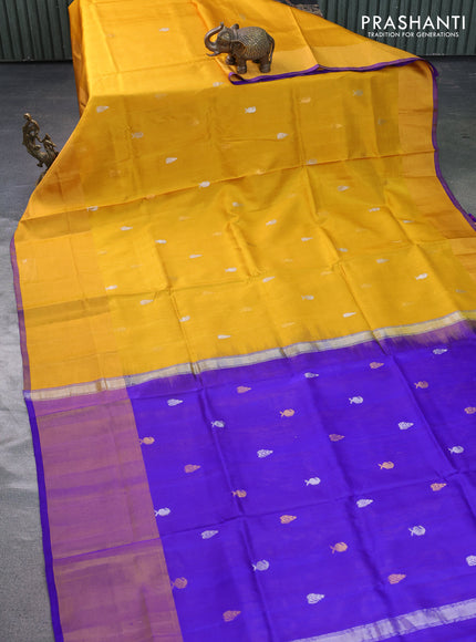 Pure uppada silk saree yellow and blue with silver & gold zari woven buttas and long zari woven border