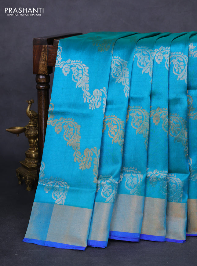 Pure uppada silk saree teal bluish green and blue with allover silver & gold zari weaves and zari woven border