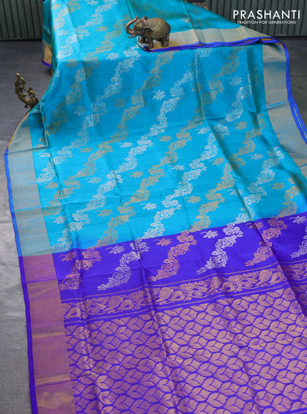 Pure uppada silk saree teal bluish green and blue with allover silver & gold zari weaves and zari woven border