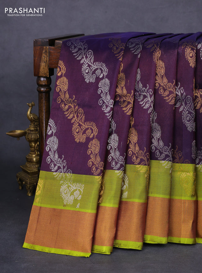 Pure uppada silk saree jamun shade and light green with allover silver & gold zari weaves and zari woven border