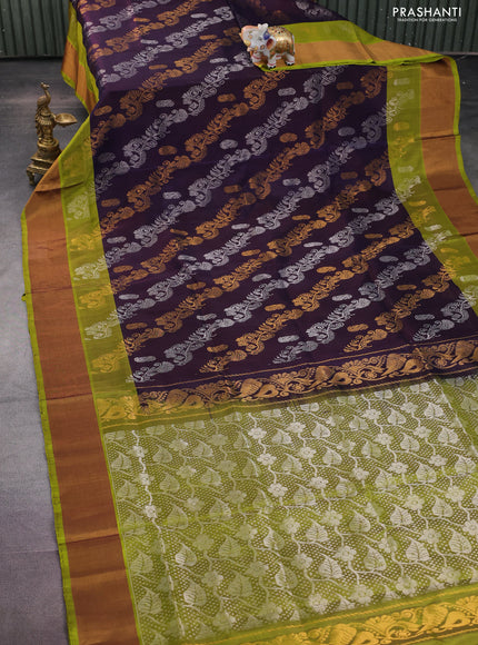 Pure uppada silk saree jamun shade and light green with allover silver & gold zari weaves and zari woven border