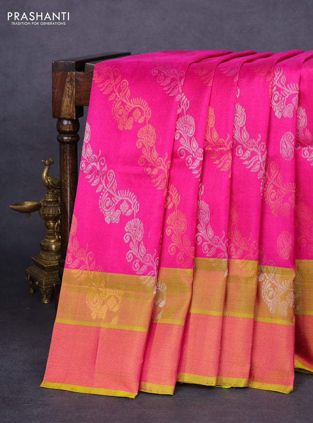 Pure uppada silk saree magenta pink and dual shade of lime green with allover silver & gold zari weaves and zari woven border