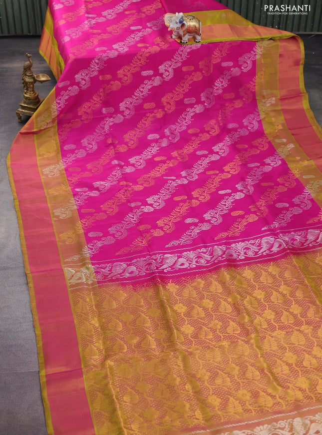 Pure uppada silk saree magenta pink and dual shade of lime green with allover silver & gold zari weaves and zari woven border