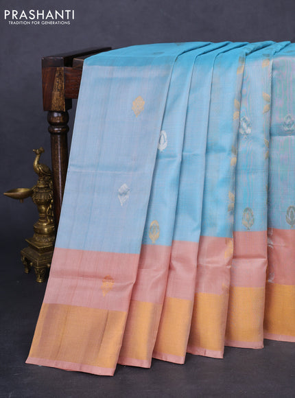 Pure uppada silk saree pastel blue and pastel brown with allover silver & gold zari weaves and zari woven border