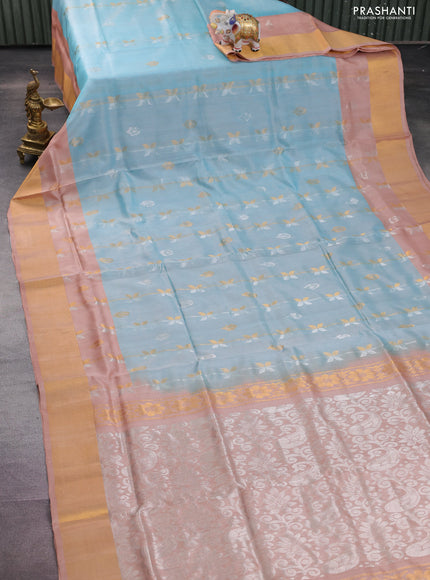 Pure uppada silk saree pastel blue and pastel brown with allover silver & gold zari weaves and zari woven border