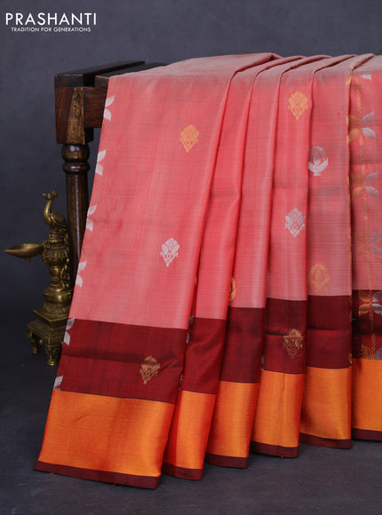 Pure uppada silk saree red shade and maroon with allover silver & gold zari weaves and zari woven border